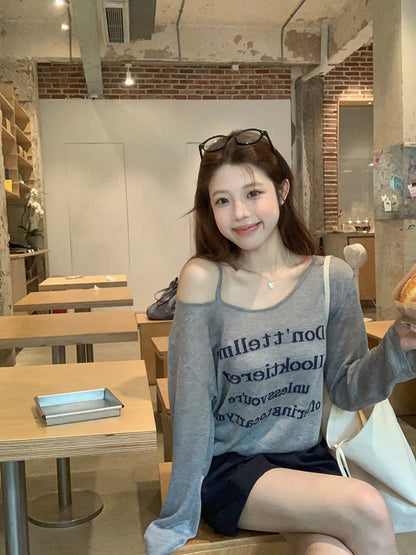 Slouchy Letter Off-Shoulder Top + Casual Shorts Set