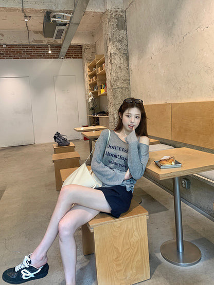 Slouchy Letter Off-Shoulder Top + Casual Shorts Set