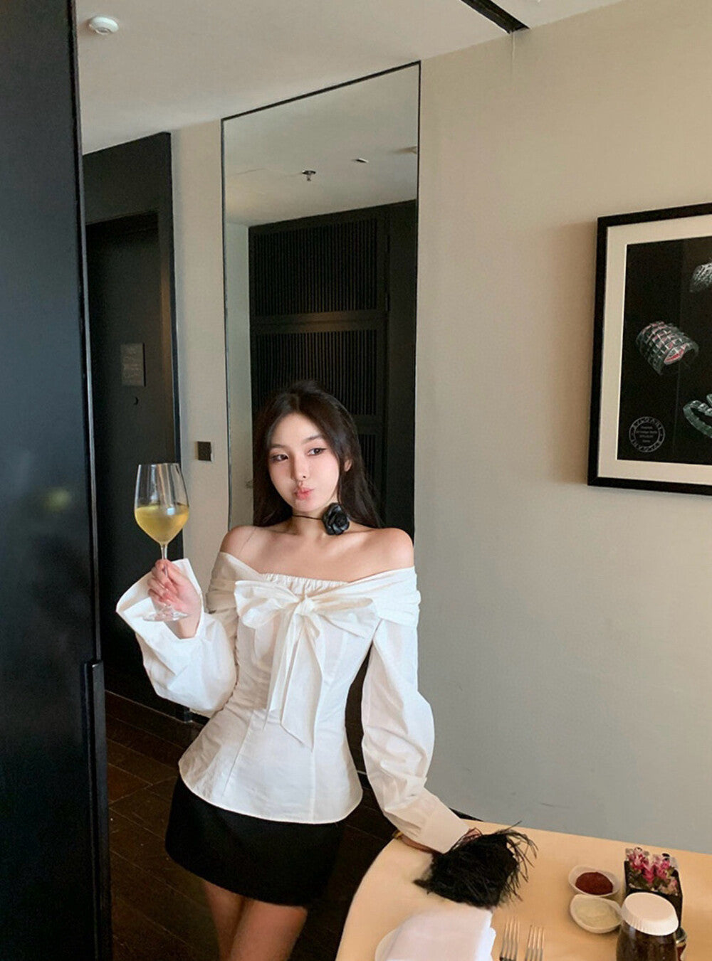 Off-the-shoulder Long Sleeve Blouse with Bow Tie