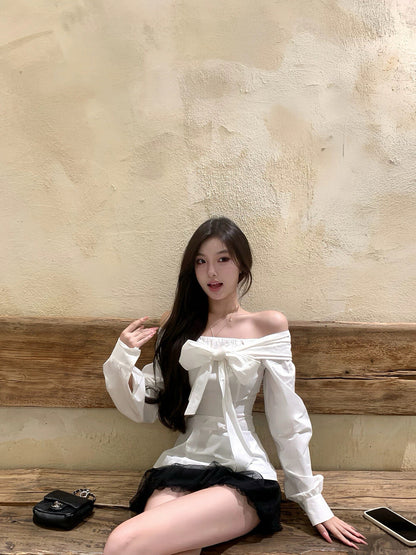 Off-the-shoulder Long Sleeve Blouse with Bow Tie