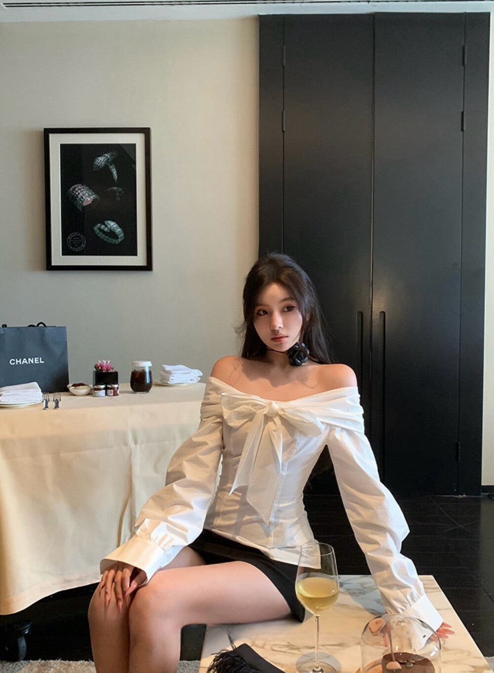 Off-the-shoulder Long Sleeve Blouse with Bow Tie