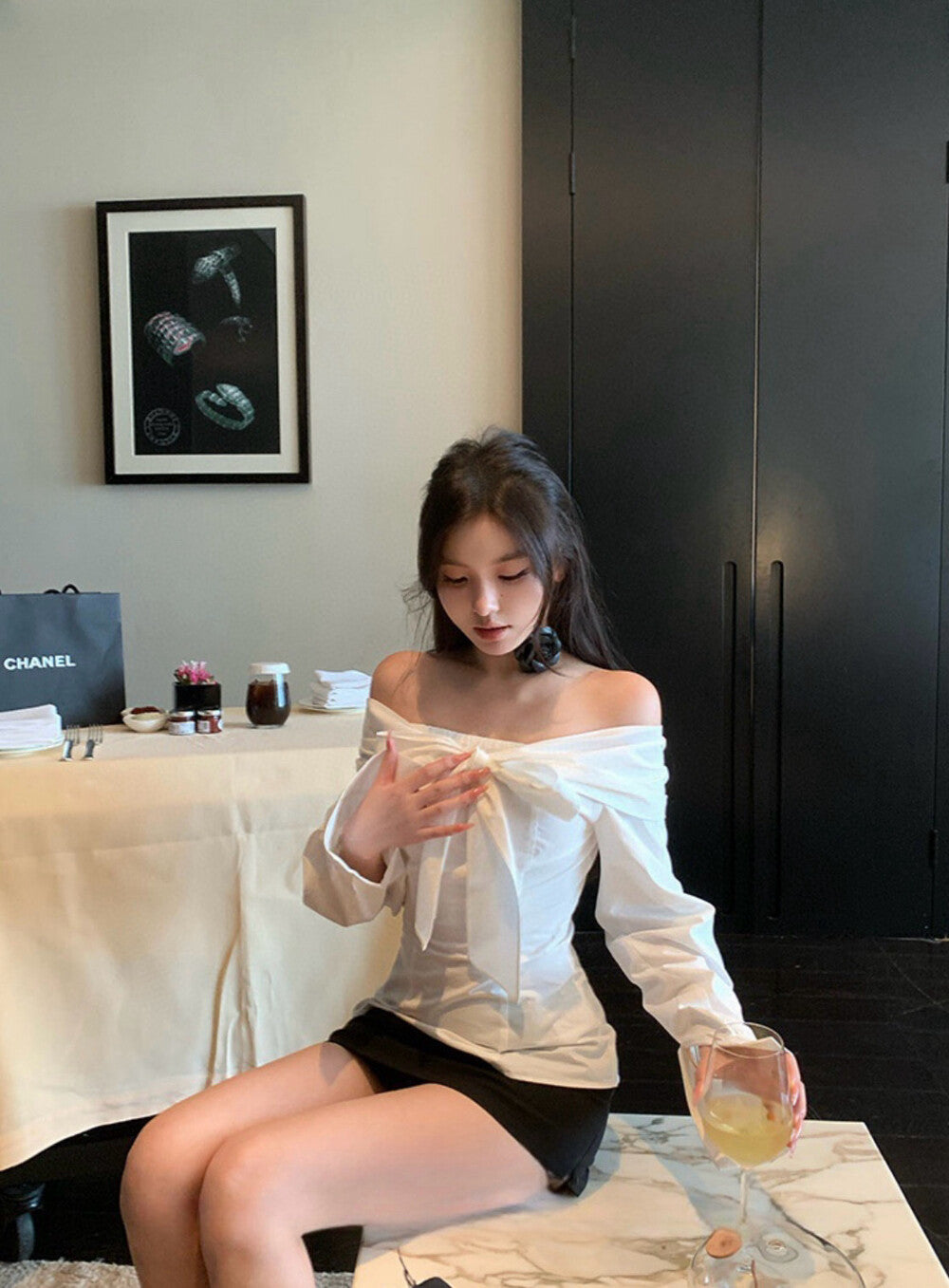 Off-the-shoulder Long Sleeve Blouse with Bow Tie