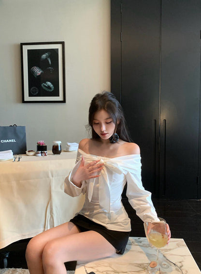 Off-the-shoulder Long Sleeve Blouse with Bow Tie
