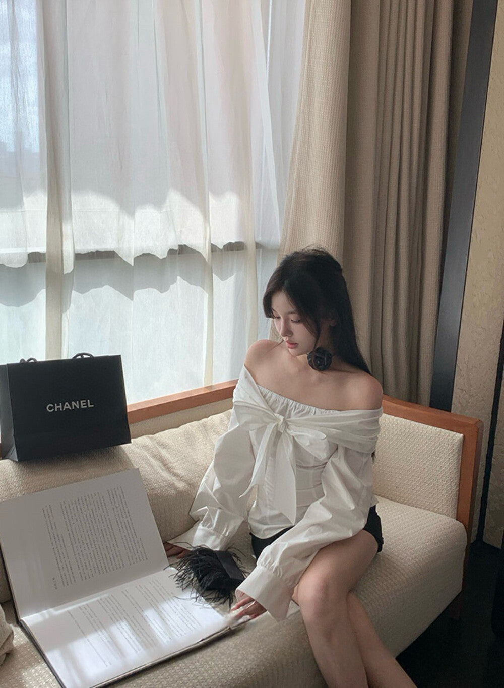 Off-the-shoulder Long Sleeve Blouse with Bow Tie