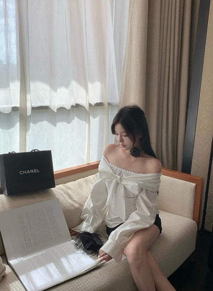 Off-the-shoulder Long Sleeve Blouse with Bow Tie