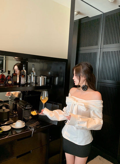 Off-the-shoulder Long Sleeve Blouse with Bow Tie