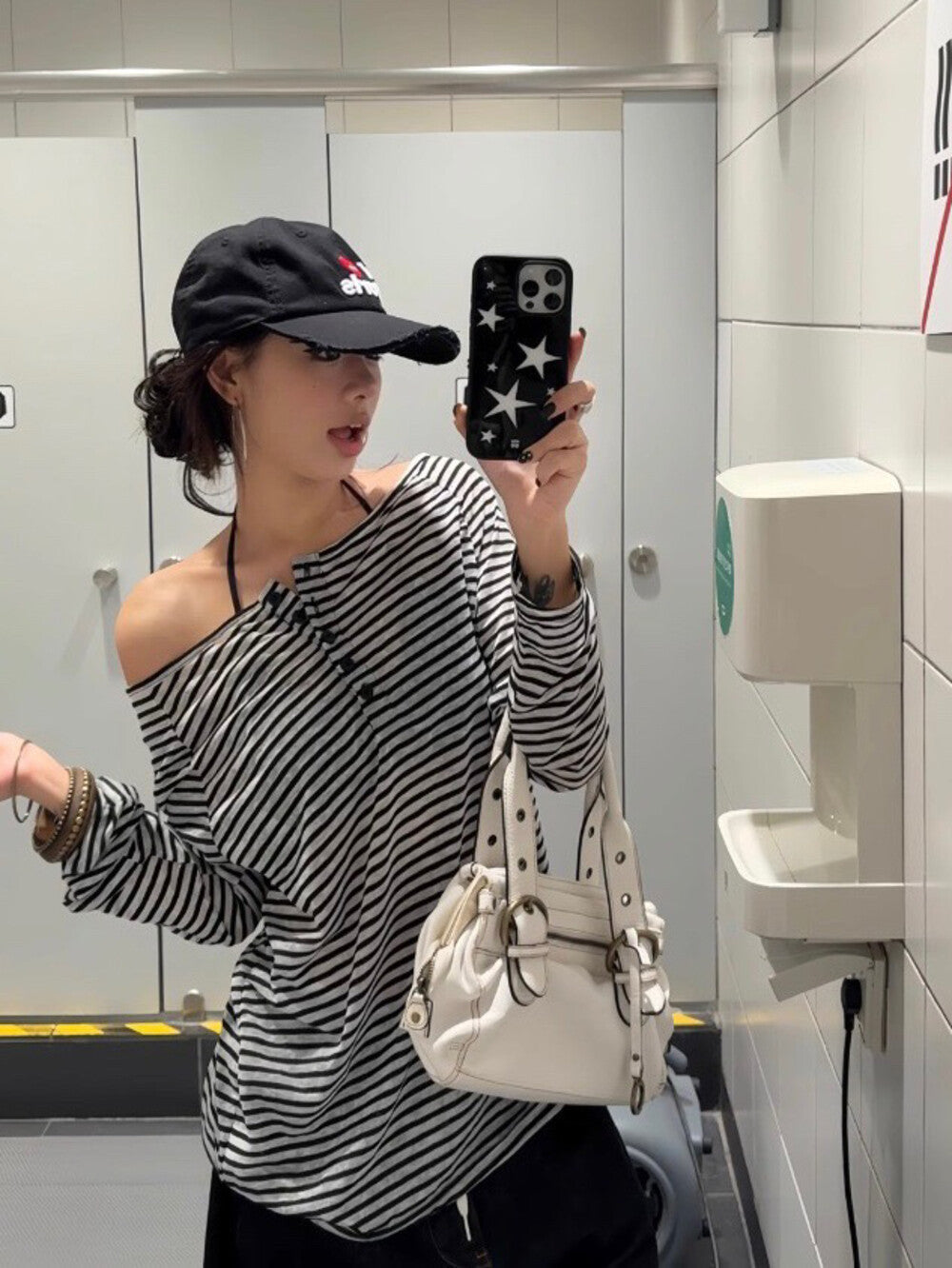 アメリカンヴィンテージストライプのカラーブロック日焼け防止長袖＋ネックホルダーバックショットセット