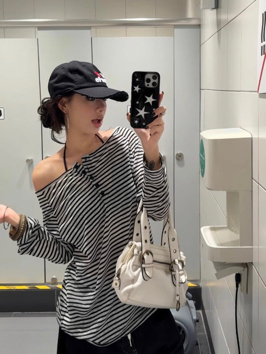 美式復古條紋撞色防曬長袖+掛脖美背set