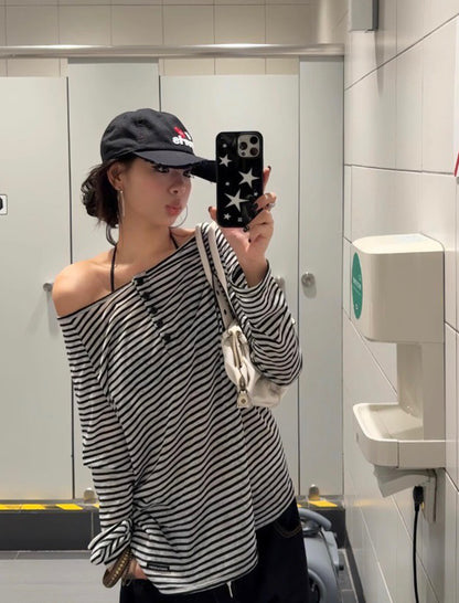 アメリカンヴィンテージストライプのカラーブロック日焼け防止長袖＋ネックホルダーバックショットセット