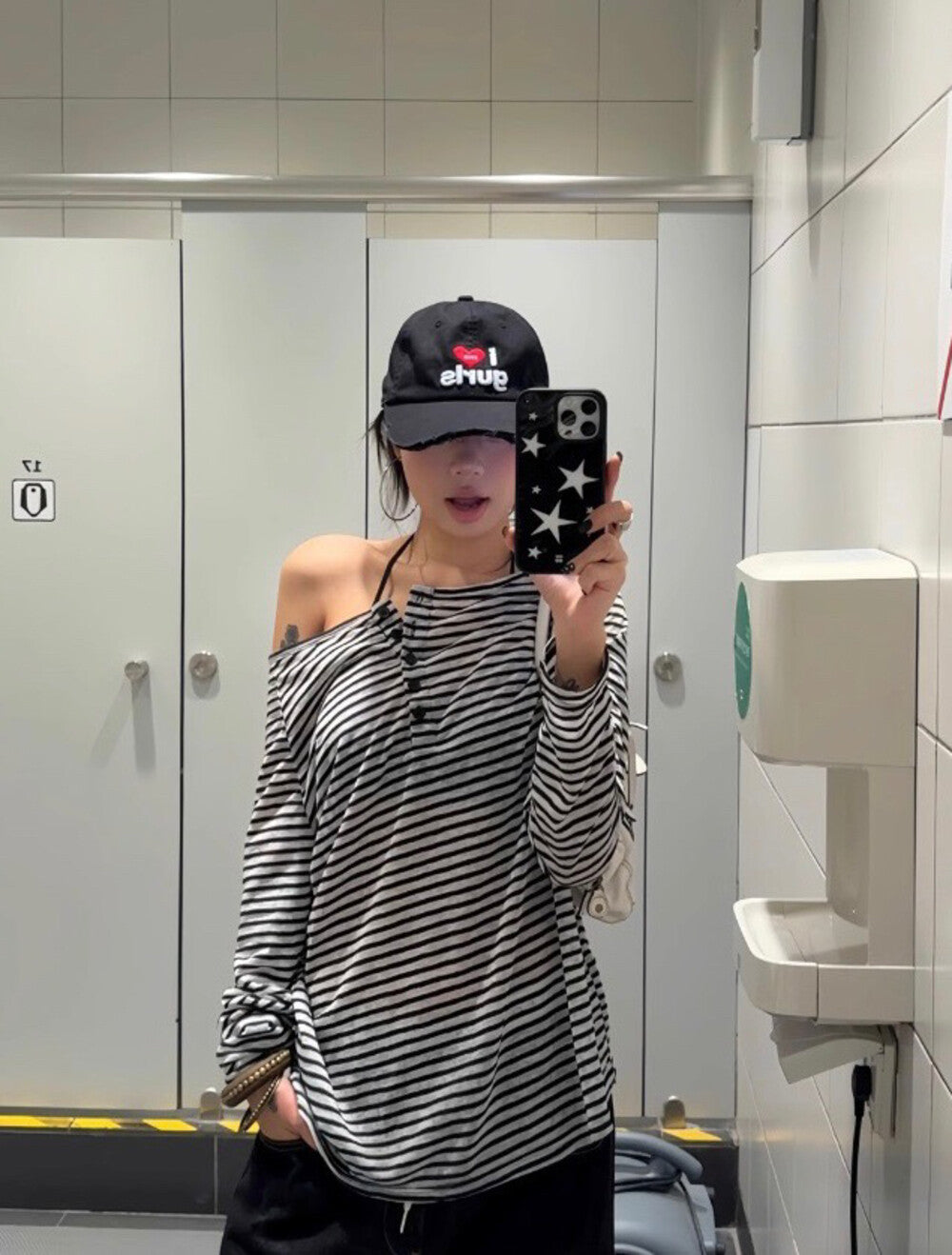 アメリカンヴィンテージストライプのカラーブロック日焼け防止長袖＋ネックホルダーバックショットセット