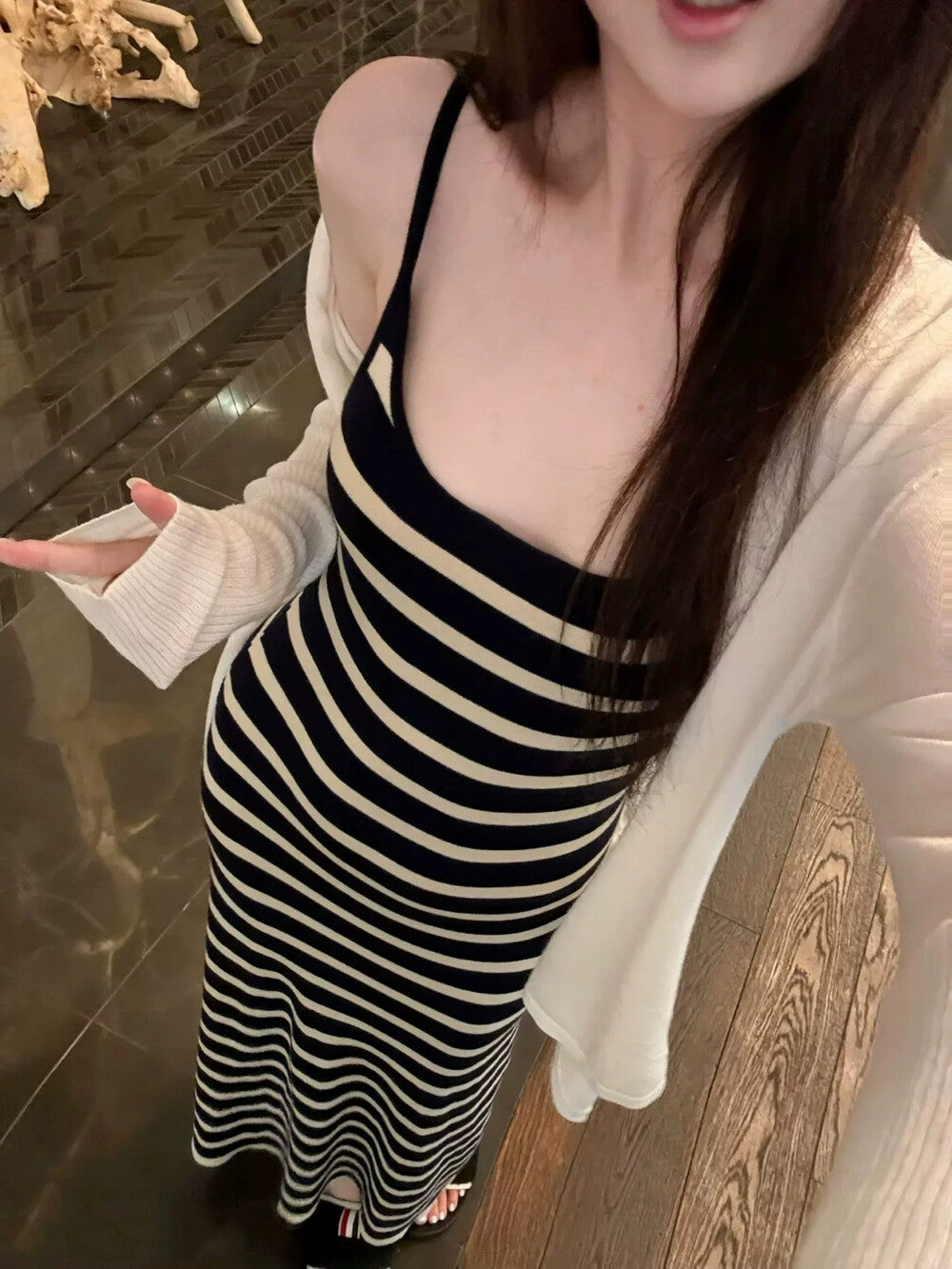 French Striped Knit Camisole Dress