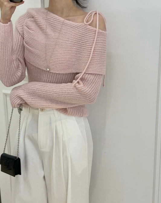 オフショルダー リボン ニットトップス