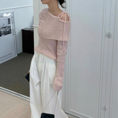 百搭露肩系帶針織Top
