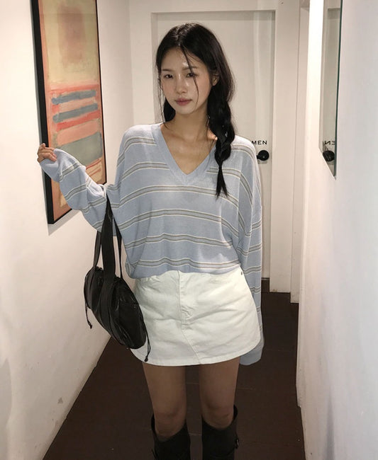 V領條紋針織Top