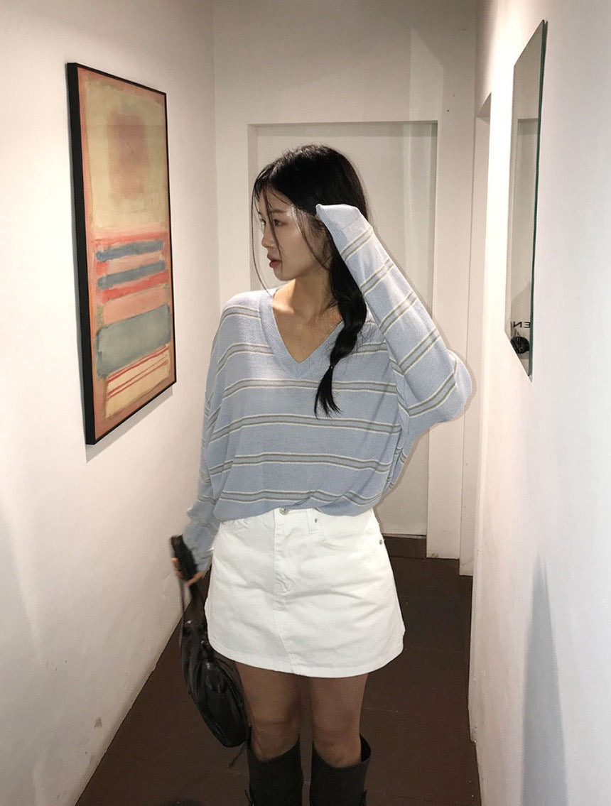 V領條紋針織Top
