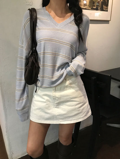 V領條紋針織Top