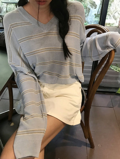 V領條紋針織Top