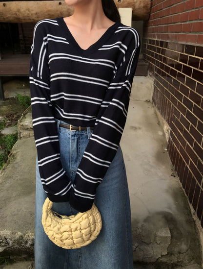 V領條紋針織Top