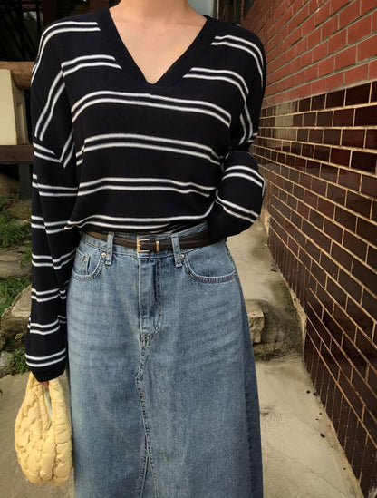 V領條紋針織Top