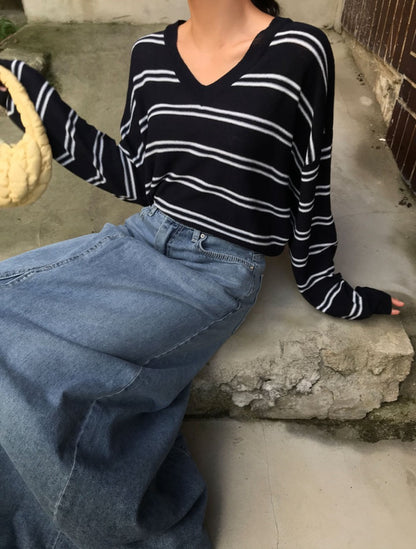 V領條紋針織Top