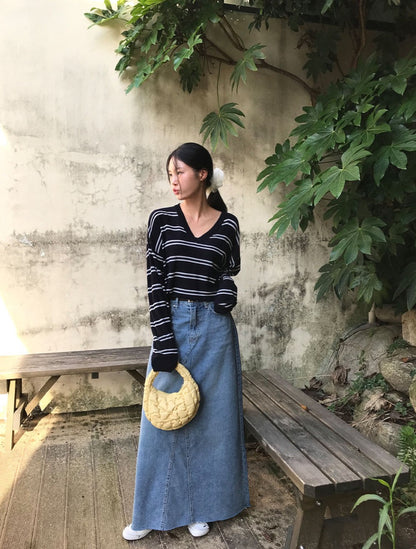 V領條紋針織Top