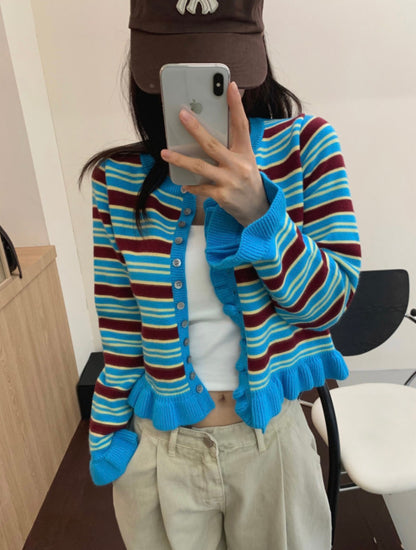 條紋荷葉邊針織開衫