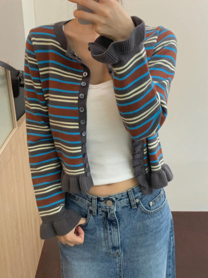 條紋荷葉邊針織開衫