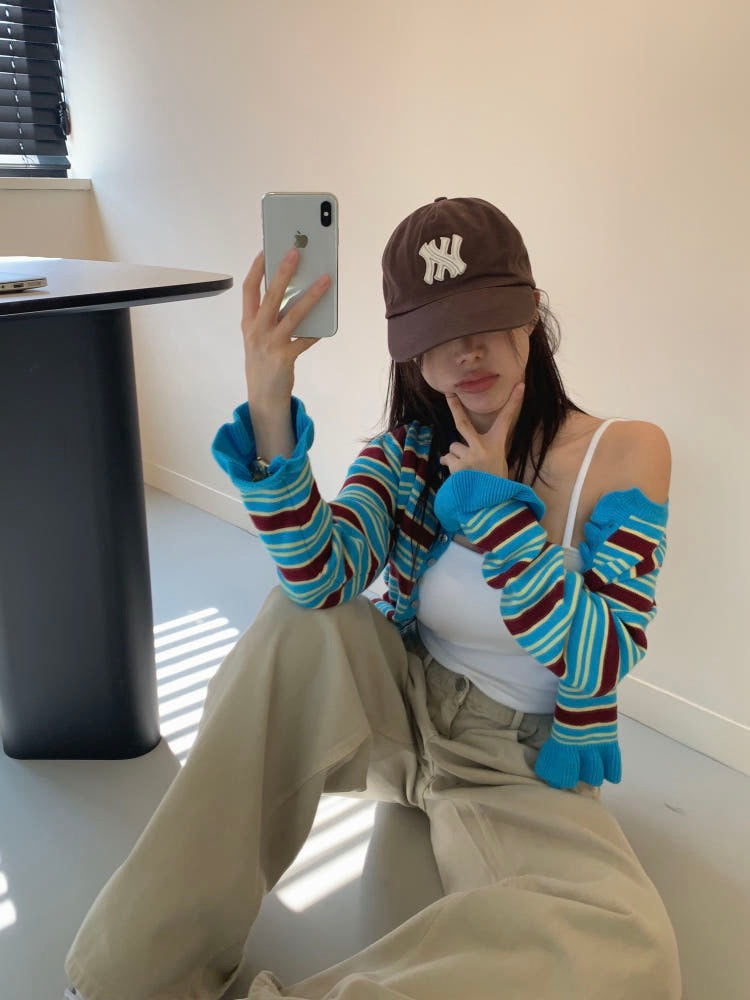 條紋荷葉邊針織開衫