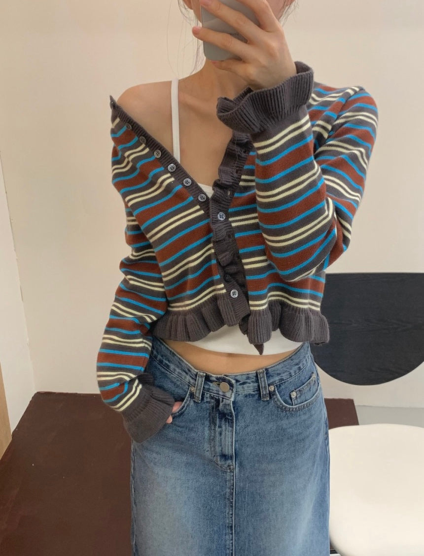 條紋荷葉邊針織開衫