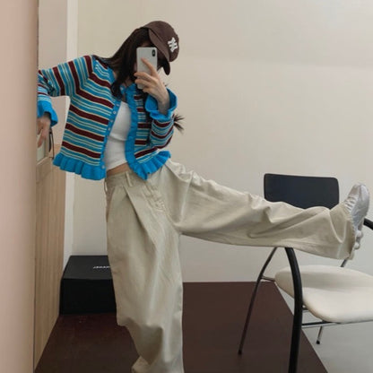 條紋荷葉邊針織開衫