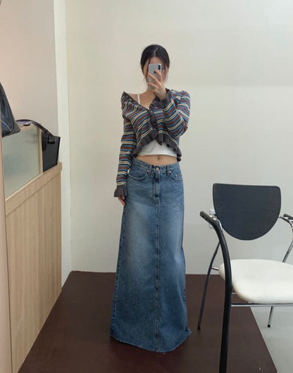 條紋荷葉邊針織開衫