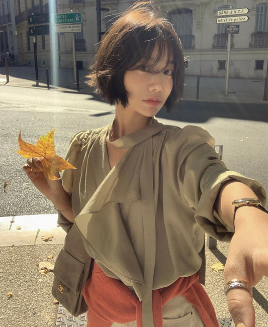 リボン付きレース長袖シャツ