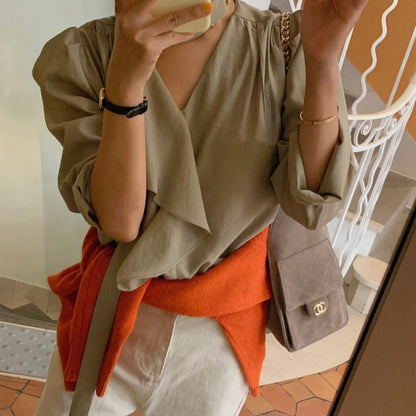 Long Sleeve Blouse with Ribbon Lace Trim