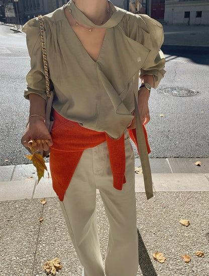 Long Sleeve Blouse with Ribbon Lace Trim