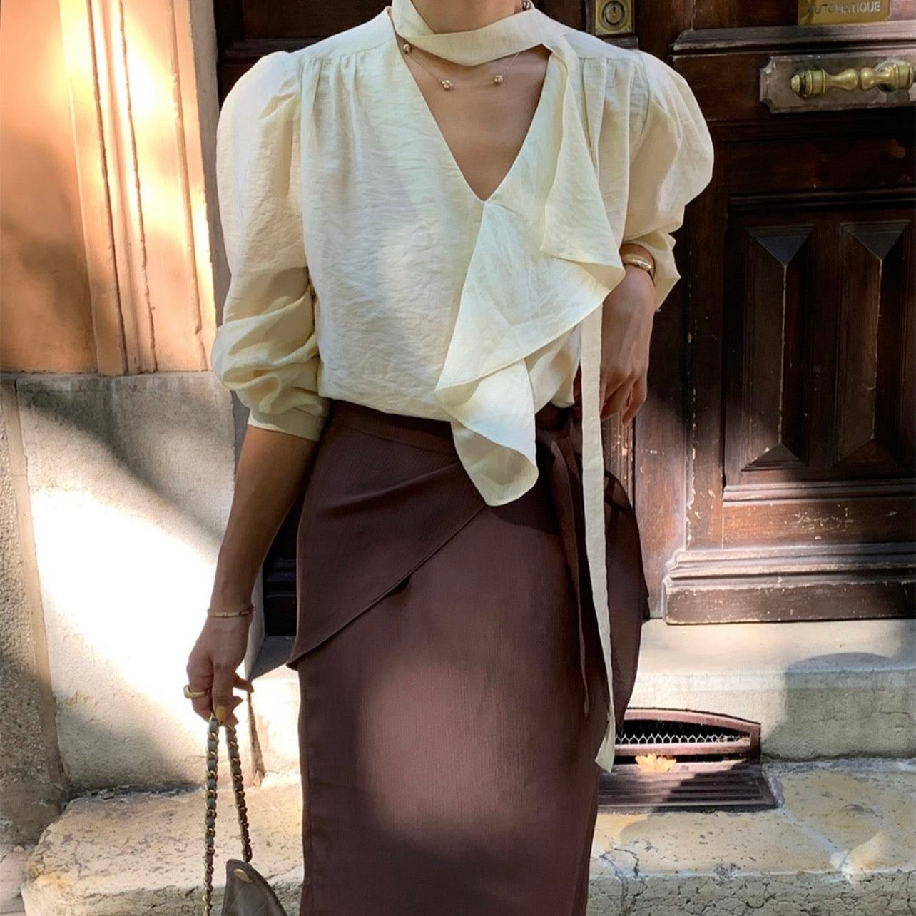 Long Sleeve Blouse with Ribbon Lace Trim