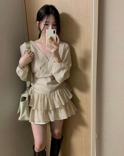 French-style camisole + lace hem outerwear set