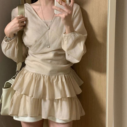 French-style camisole + lace hem outerwear set