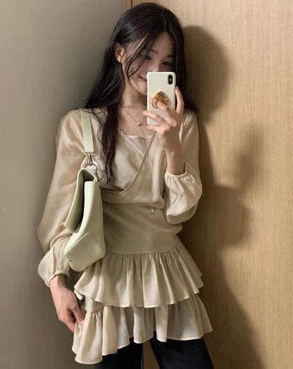 French-style camisole + lace hem outerwear set