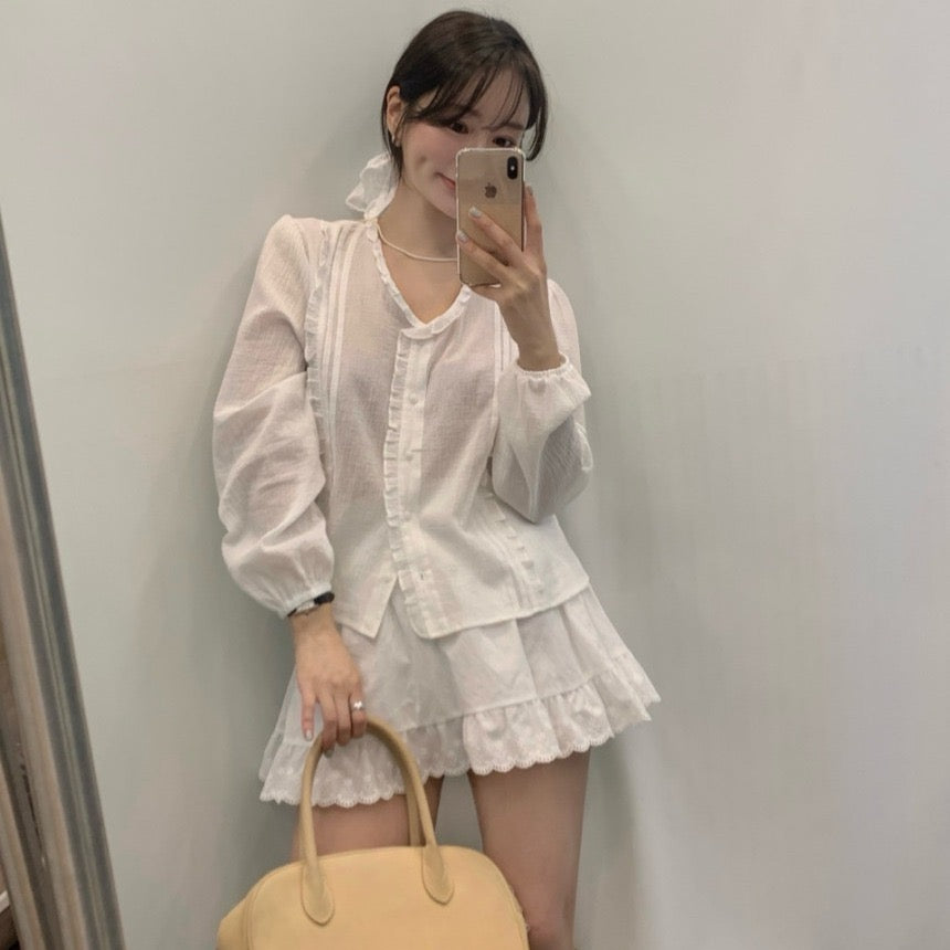 Ruffled Crew Neck Blouse + Lace Midi Skirt Set