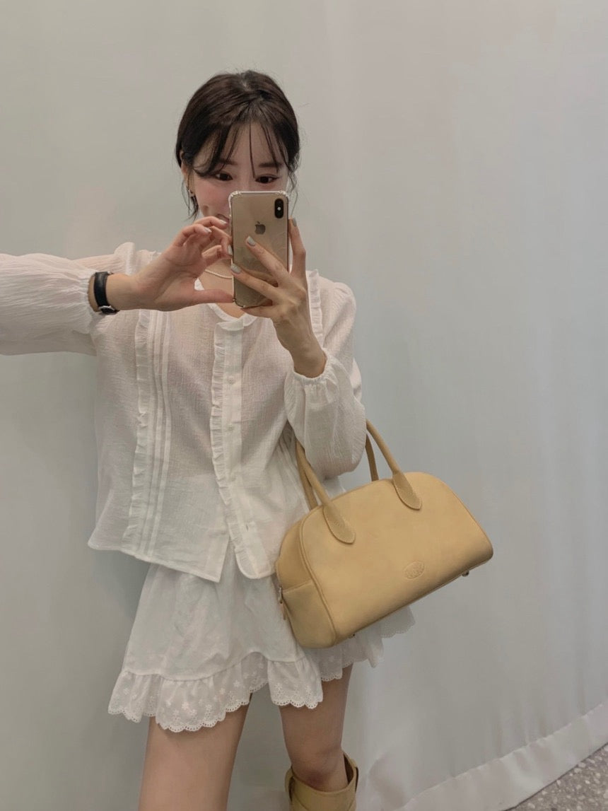 Ruffled Crew Neck Blouse + Lace Midi Skirt Set