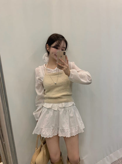 Ruffled Crew Neck Blouse + Lace Midi Skirt Set