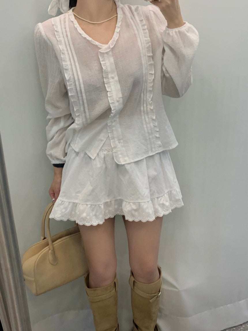 Ruffled Crew Neck Blouse + Lace Midi Skirt Set