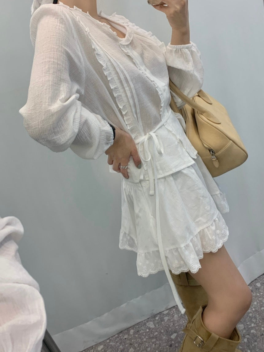 Ruffled Crew Neck Blouse + Lace Midi Skirt Set