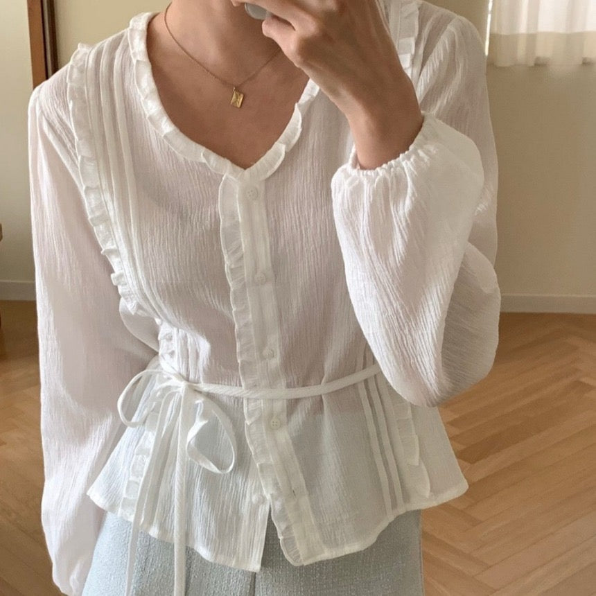 Ruffled Crew Neck Blouse + Lace Midi Skirt Set