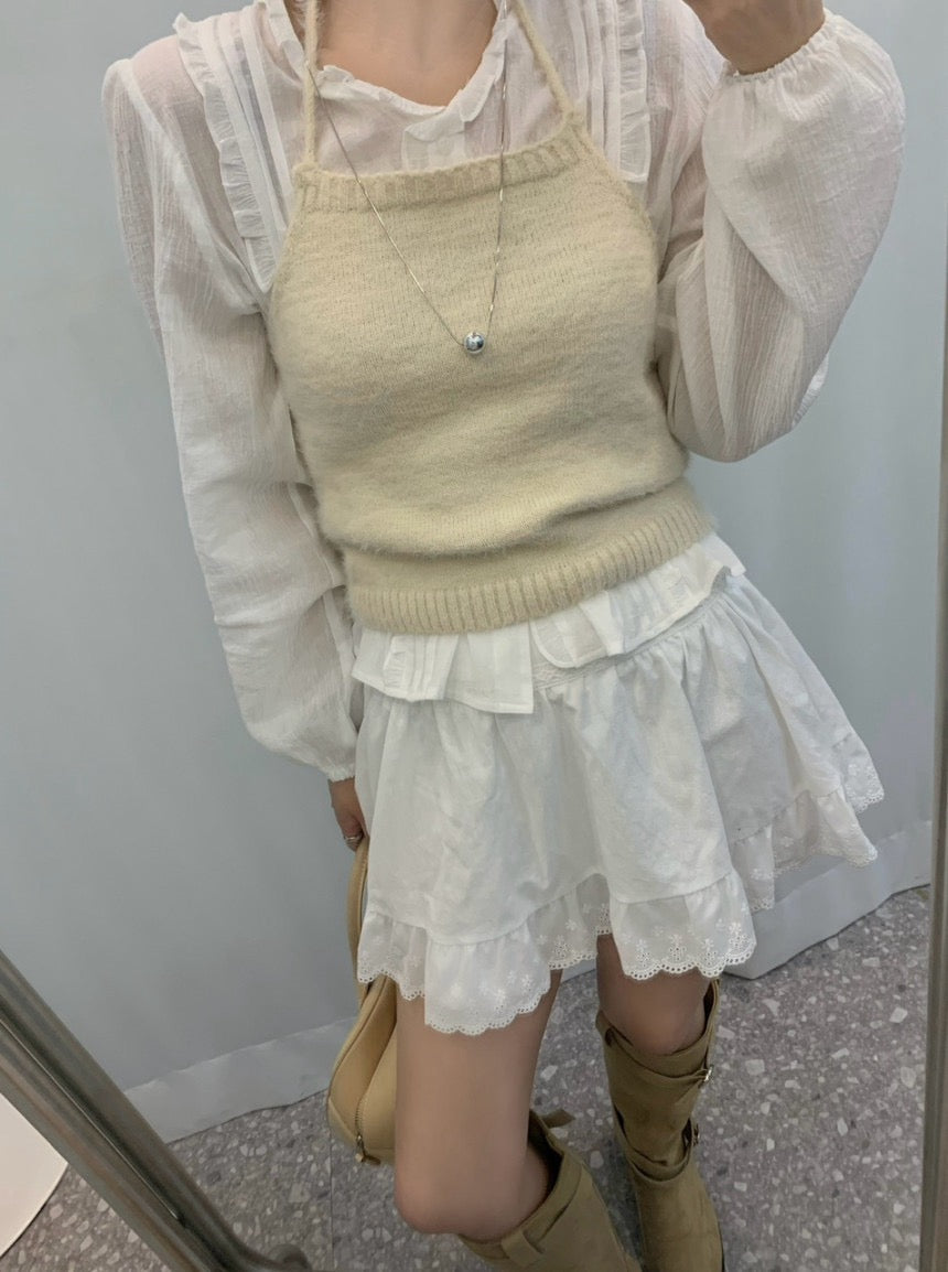 Ruffled Crew Neck Blouse + Lace Midi Skirt Set