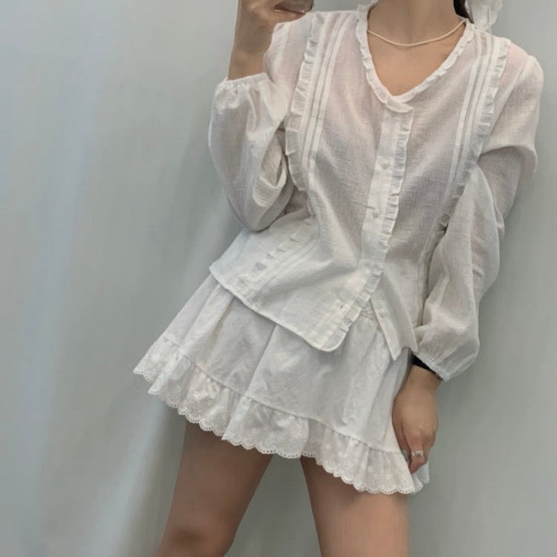 Ruffled Crew Neck Blouse + Lace Midi Skirt Set