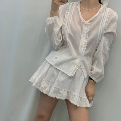 Ruffled Crew Neck Blouse + Lace Midi Skirt Set