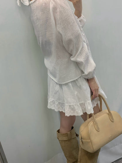 Ruffled Crew Neck Blouse + Lace Midi Skirt Set