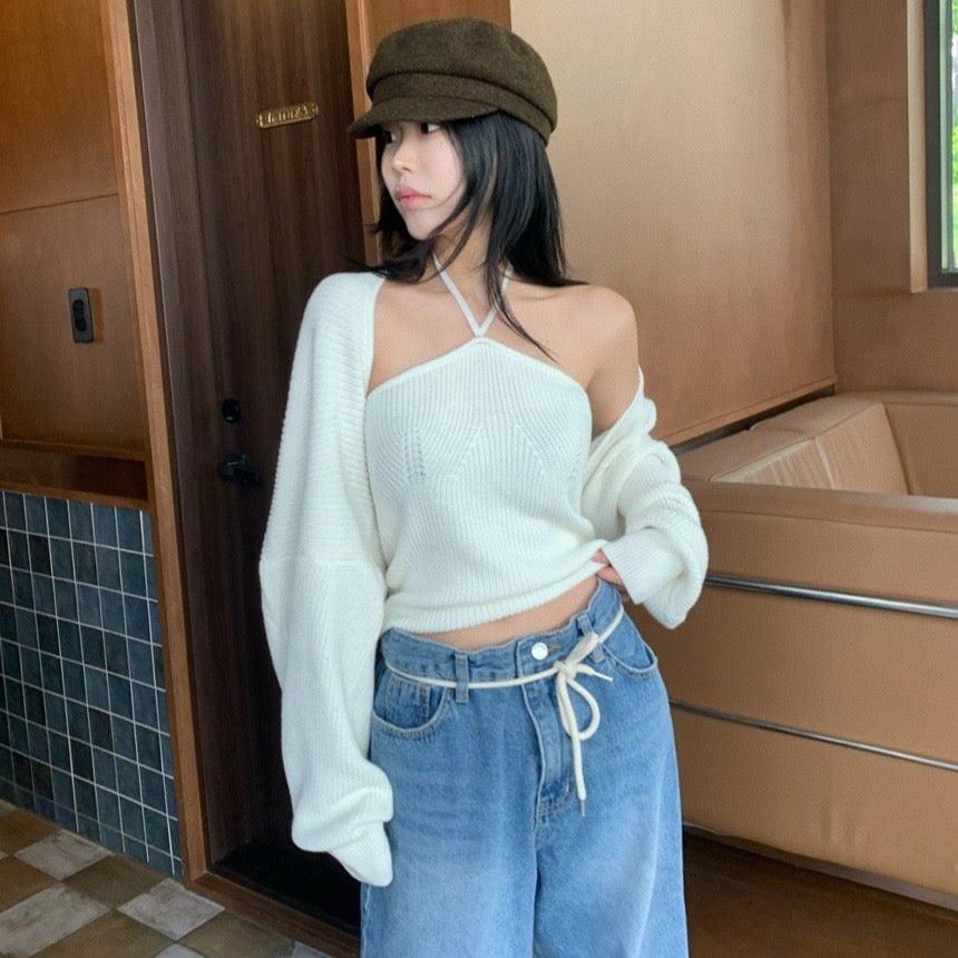 Halter Neck Top + Knit Cardigan Set