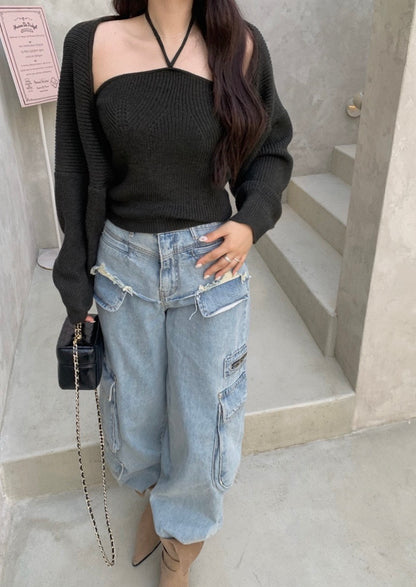 Halter Neck Top + Knit Cardigan Set